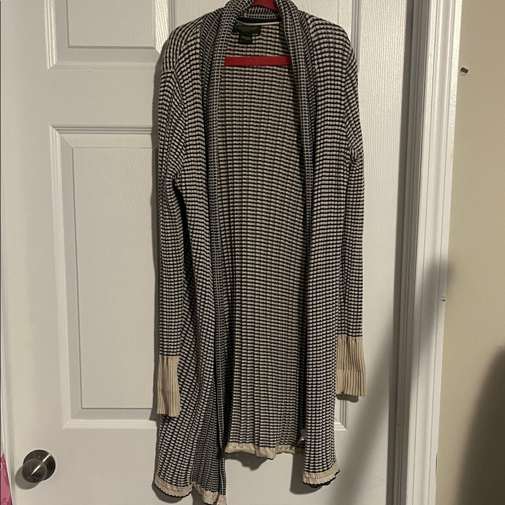 Eddie Bauer Black and Cream Long Open-Front Cardigan 100% Cotton